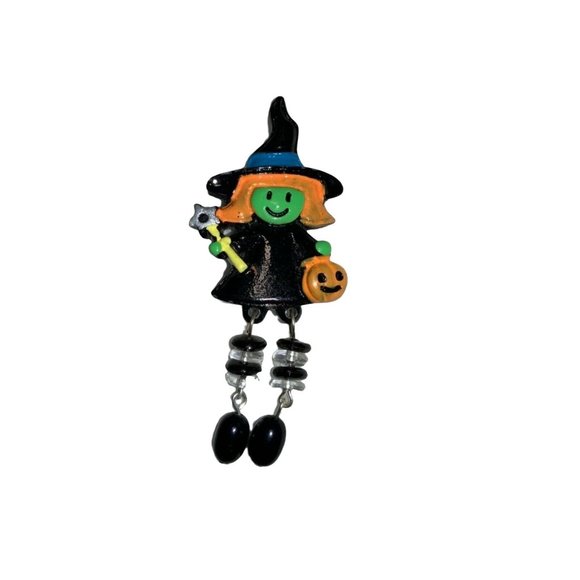Halloween Witch Pin Brooch- Dangling Beaded Legs - Picture 1 of 6